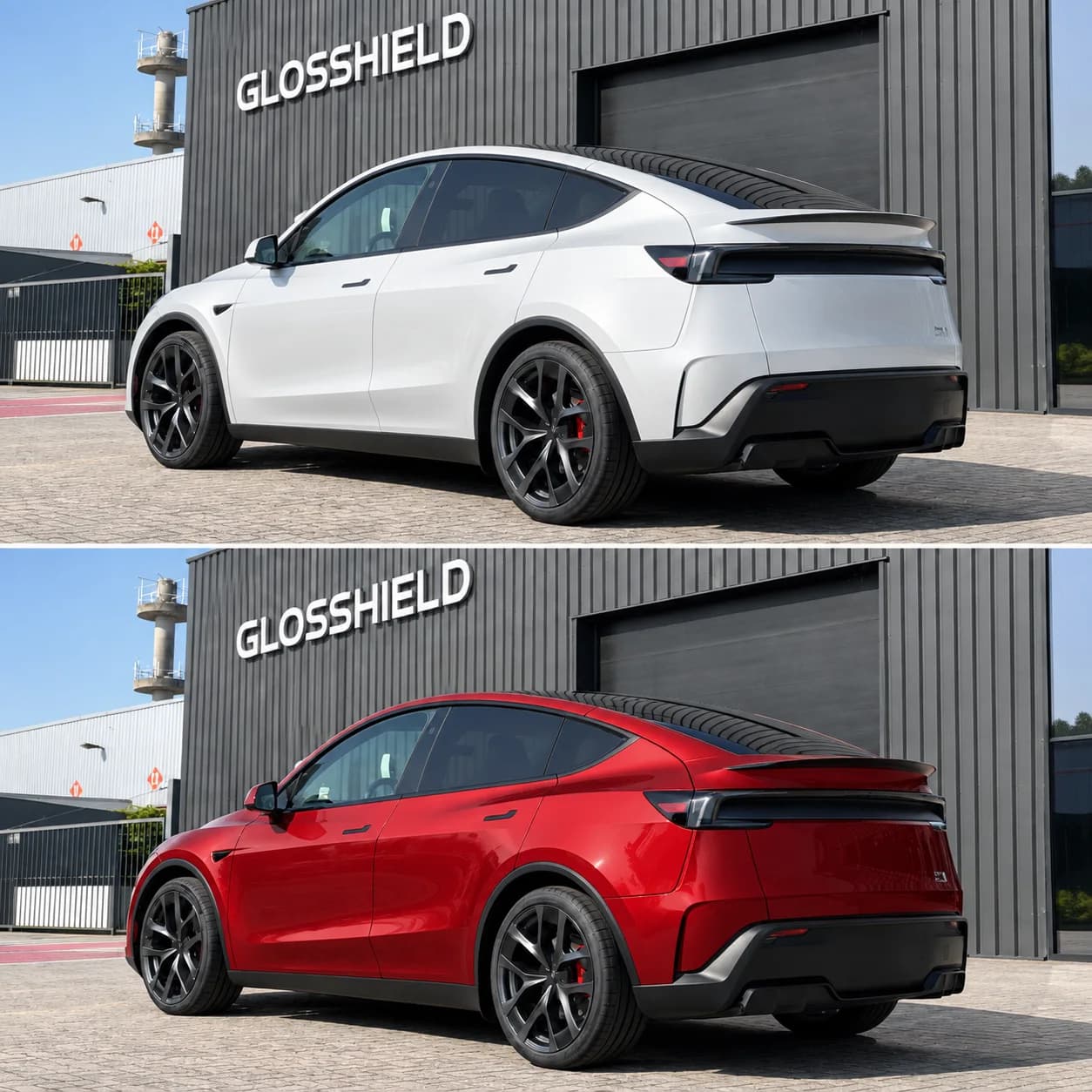 AI concept: Model Y in white above and cherry red gloss below; not a completed Gloss Shield job